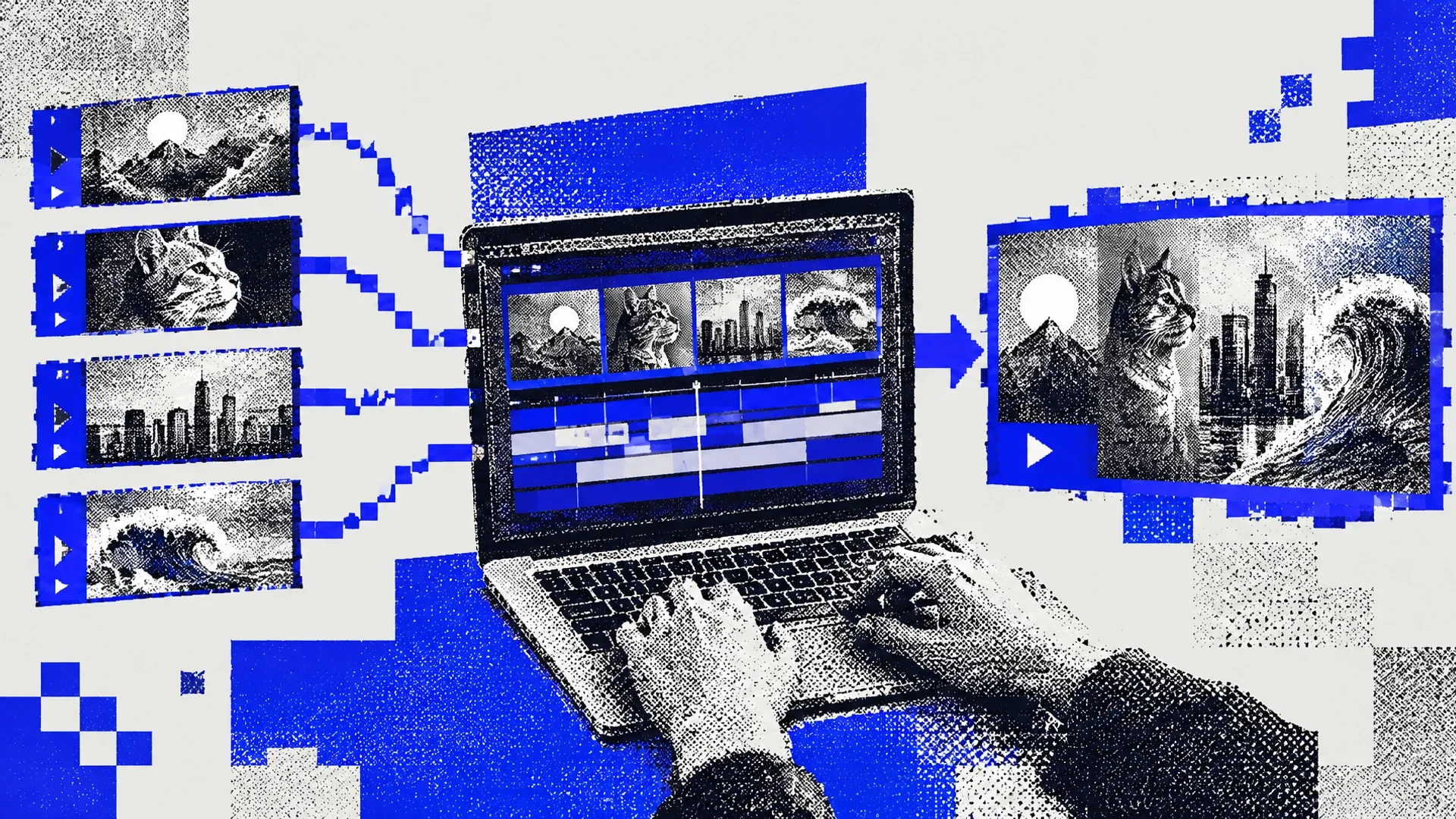 A connected video workflow assembling short AI-generated clips into a longer sequence